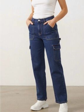 Wax Jean Dark Wash Utility Cargo Jeans Size 7 High Rise Straight Leg